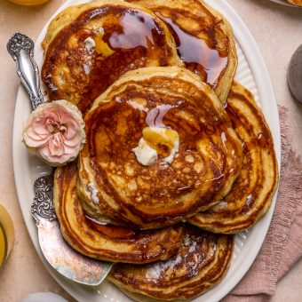 My Favorite Buttermilk pancakes are thick, fluffy, and made totally from scratch! A super easy pancake recipe that's also freezer friendly. The perfect breakfast to please the whole family!