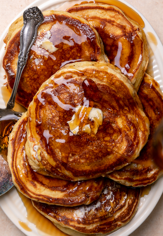 My Favorite Buttermilk pancakes are thick, fluffy, and made totally from scratch! A super easy pancake recipe that's also freezer friendly. The perfect breakfast to please the whole family!