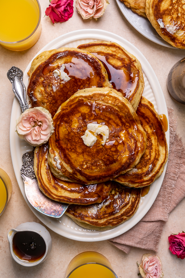 My Favorite Buttermilk pancakes are thick, fluffy, and made totally from scratch! A super easy pancake recipe that's also freezer friendly. The perfect breakfast to please the whole family!