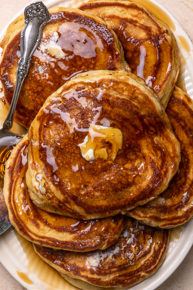 My Favorite Buttermilk pancakes are thick, fluffy, and made totally from scratch! A super easy pancake recipe that's also freezer friendly. The perfect breakfast to please the whole family!