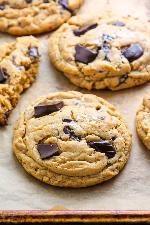 Ultra thick soft batch peanut butter cookies loaded with chocolate chunks! Perfect with a cup of coffee or a cold glass of milk.