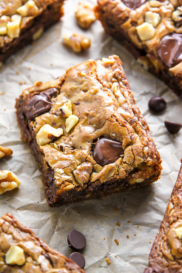 Ultra thick and chewy brown butter blondies loaded with toasted walnuts and plenty of chocolate chips! They're practically begging to be served with a cold glass of milk.