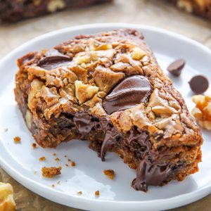 Ultra thick and chewy brown butter blondies loaded with toasted walnuts and plenty of chocolate chips! They're practically begging to be served with a cold glass of milk.