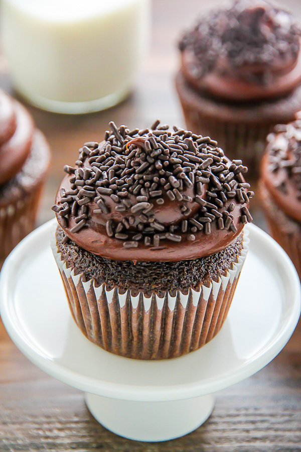 Old-fashioned chocolate buttermilk cupcakes topped with a generous swirl of homemade chocolate frosting. A timeless classic!