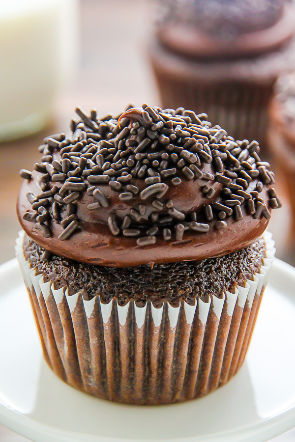 Old-fashioned chocolate buttermilk cupcakes topped with a generous swirl of homemade chocolate frosting. A timeless classic!