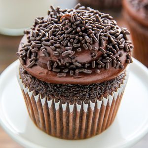 Old-fashioned chocolate buttermilk cupcakes topped with a generous swirl of homemade chocolate frosting. A timeless classic!