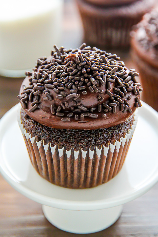 Old-fashioned chocolate buttermilk cupcakes topped with a generous swirl of homemade chocolate frosting. A timeless classic!