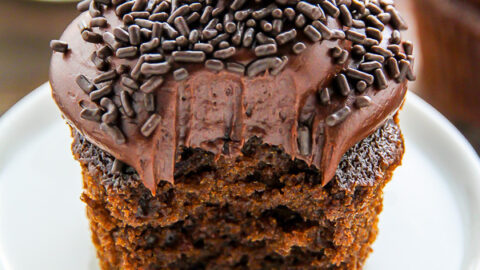 Old-fashioned chocolate buttermilk cupcakes topped with a generous swirl of homemade chocolate frosting. A timeless classic!