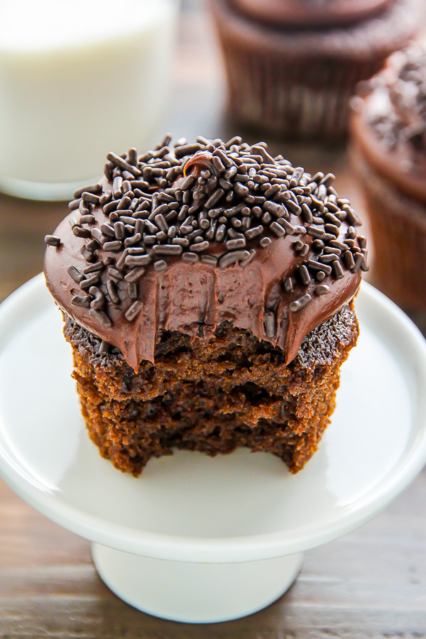 Old-fashioned chocolate buttermilk cupcakes topped with a generous swirl of homemade chocolate frosting. A timeless classic!