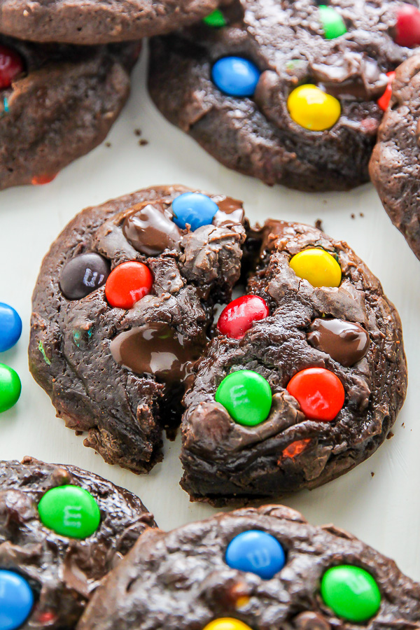 Thick and chewy soft batch chocolate cookies loaded with rainbow M&Ms and gooey chocolate chips!