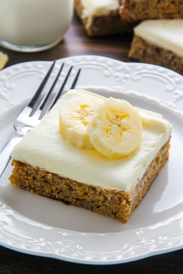 Ultra soft Old-fashioned banana bars topped with homemade cream cheese frosting and finished off with fresh banana slices. One of my favorite recipes!