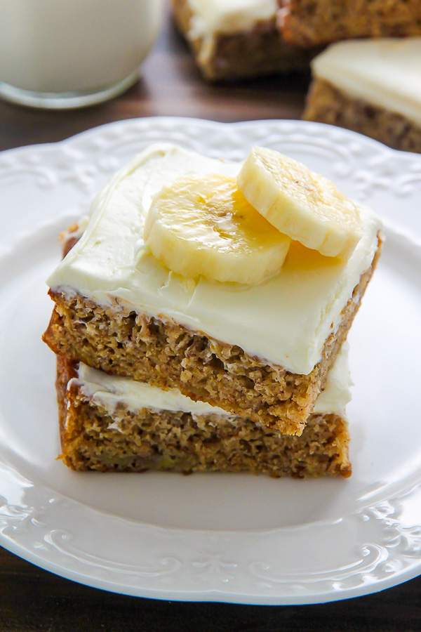 Ultra soft Old-fashioned banana bars topped with homemade cream cheese frosting and finished off with fresh banana slices. One of my favorite recipes!