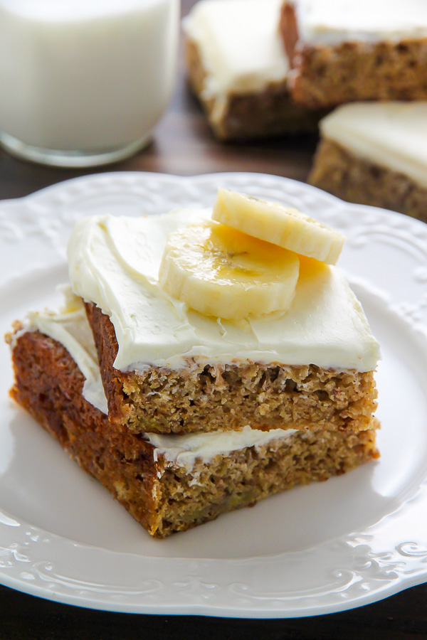 Ultra soft Old-fashioned banana bars topped with homemade cream cheese frosting and finished off with fresh banana slices. One of my favorite recipes!