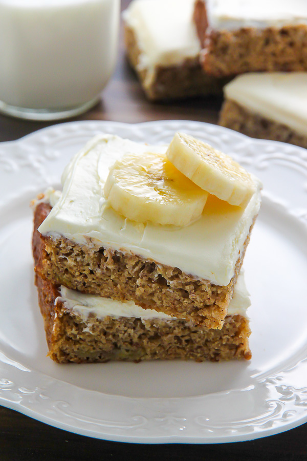 Ultra soft Old-fashioned banana bars topped with homemade cream cheese frosting and finished off with fresh banana slices. One of my favorite recipes!