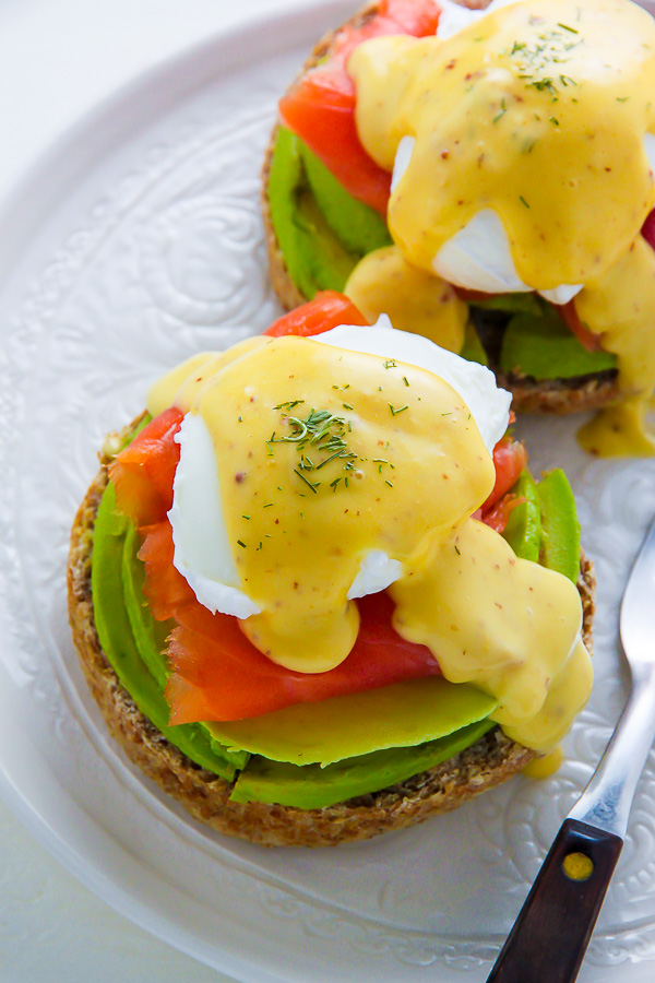 Smoked Salmon Benedict with Avocado and Dill. 