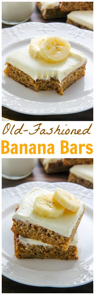 Ultra soft Old-fashioned banana bars topped with homemade cream cheese frosting and finished off with fresh banana slices. One of my favorite recipes!