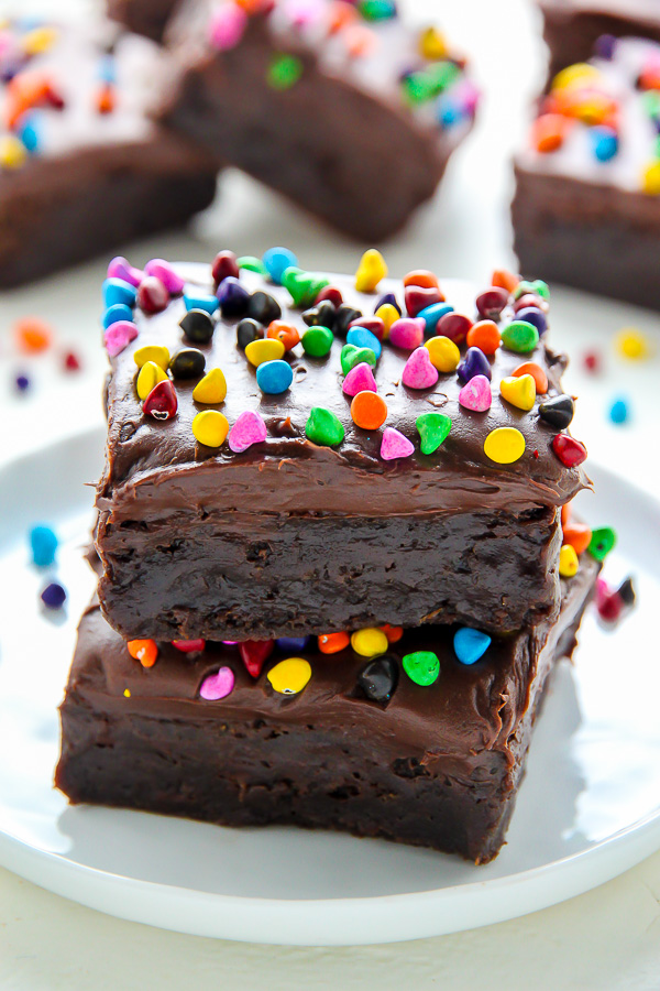 Super fudgy homemade brownies topped with decadent chocolate frosting!