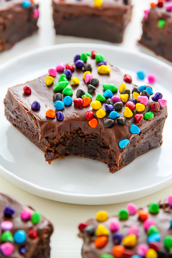 Super fudgy homemade brownies topped with decadent chocolate frosting!