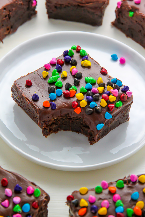 Super fudgy homemade brownies topped with decadent chocolate frosting!