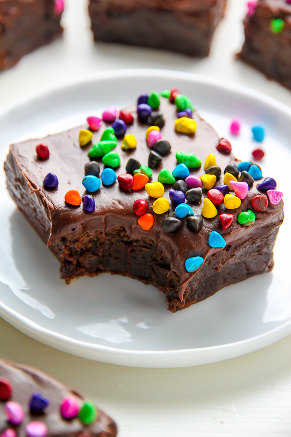 Super fudgy homemade brownies topped with decadent chocolate frosting!