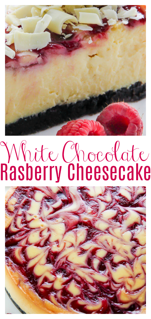 Creamy White Chocolate Raspberry Cheesecake, complete with a homemade chocolate cookie crust and fresh whipped cream. This one is a showstopper!