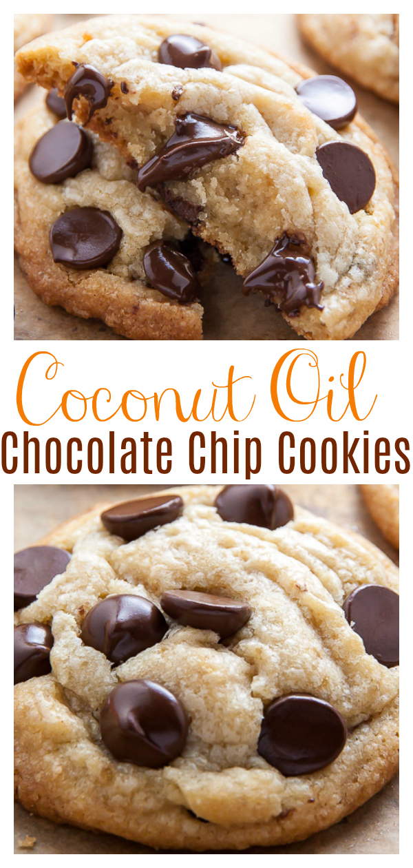 These Thick and Chewy Coconut Oil Chocolate Chip Cookies have soft centers and crispy edges! No cookie dough chilling required, so you can just roll and bake! This recipe is a keeper!