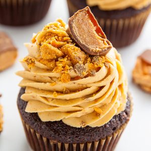 Moist and fluffy Chocolate Peanut Butter Cupcakes topped with Peanut Butter Butterfinger Frosting! These are incredible.