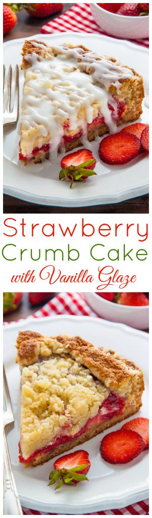 Moist and buttery strawberry crumb cake topped with sweet vanilla glaze!