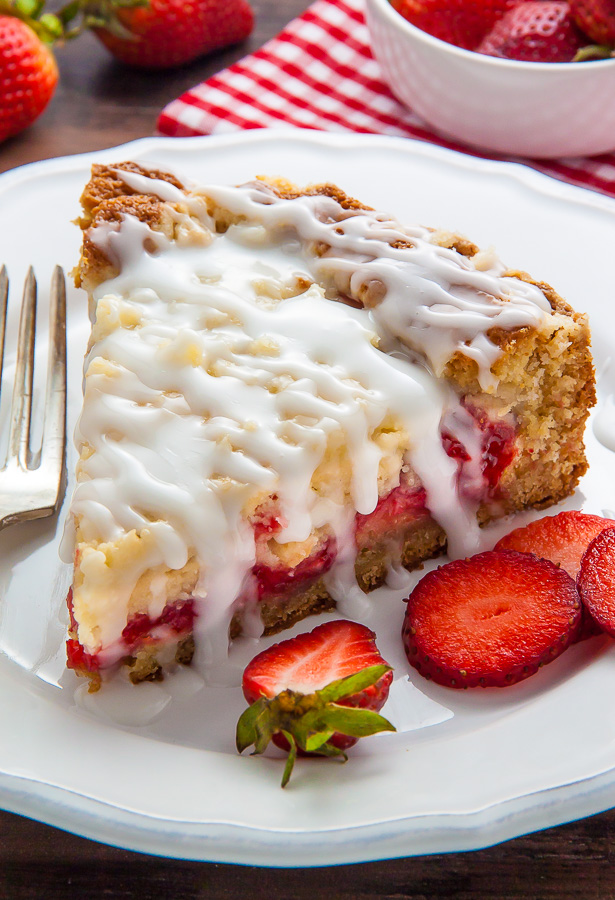 Moist and buttery strawberry crumb cake topped with sweet vanilla glaze!