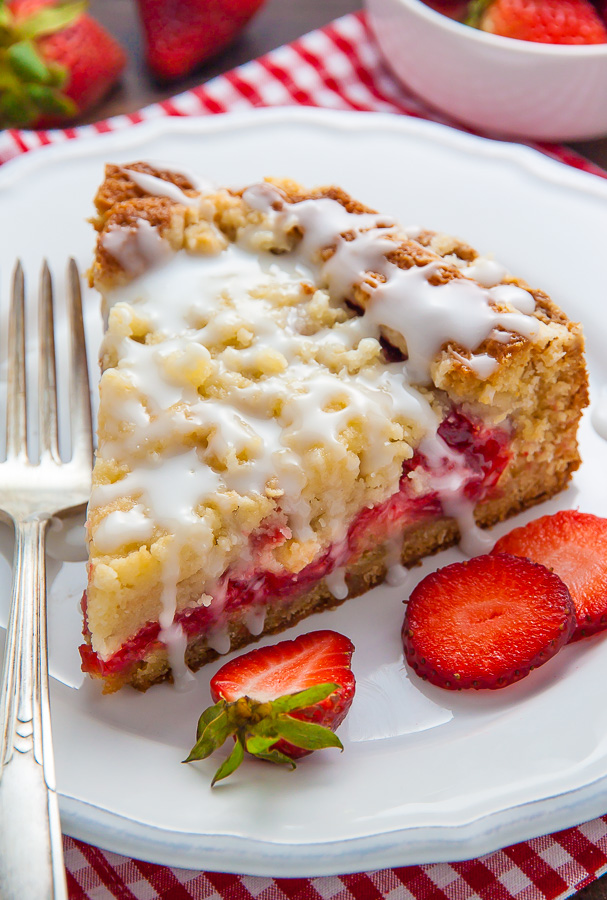 Strawberry Crumb Cake with Vanilla Glaze - Baker by Nature