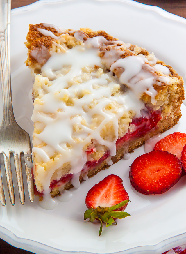 Moist and buttery strawberry crumb cake topped with sweet vanilla glaze!