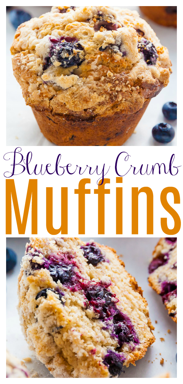 These Jumbo Blueberry Crumb Muffins are moist, fluffy, and taste even better than the ones from the bakery! Loaded with blueberries and topped with tons of buttery crumbs, these muffins are always a crowd-pleaser! Perfect for breakfast or as an after-school snack!