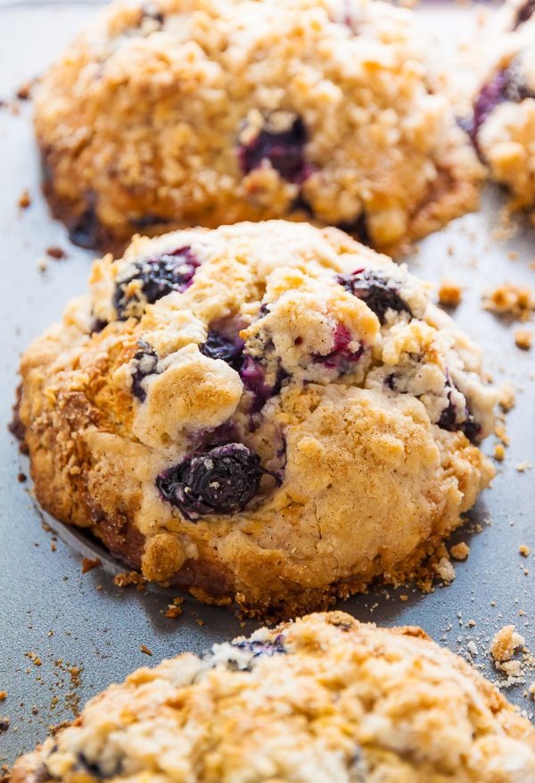 Jumbo Blueberry Crumb Muffin in muffin tin. 