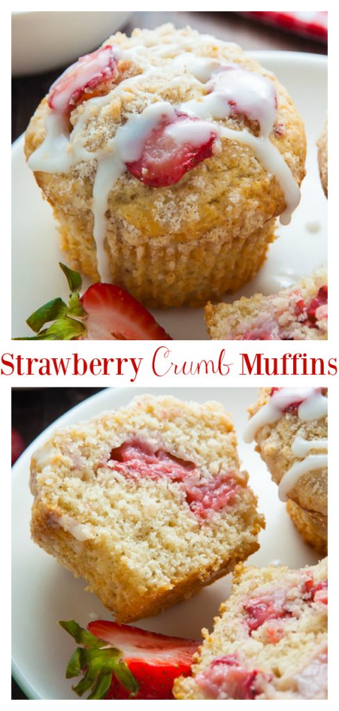 Sweet and supremely moist Strawberry Crumb Muffins! They're perfect for breakfast or as an after-school snack! Topped with buttery crumbs and sweet vanilla glaze, these muffins are irresistible!