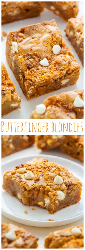 Chewy Butterfinger Blondies loaded with White Chocolate Chips! Easy, delicious, incredible.