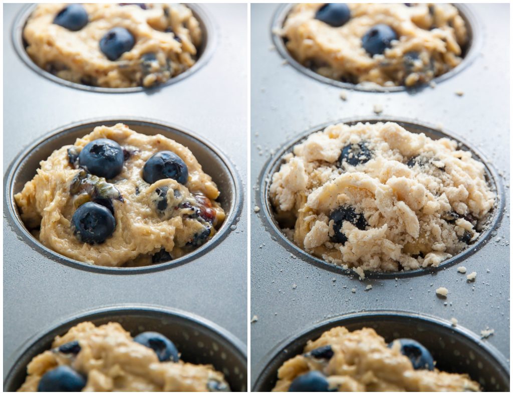 Blueberry Muffin batter in muffin tin.