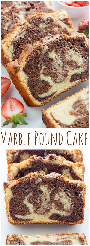 Supremely Moist Marble Pound Cake topped with juicy strawberries! This one's a keeper.