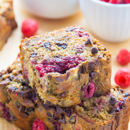 Supremely moist Banana Bread studded with fresh raspberries and chocolate chips. Bonus: It's healthy!