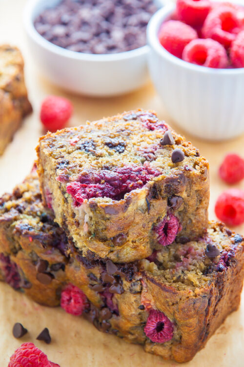 Supremely moist Banana Bread studded with fresh raspberries and chocolate chips. Bonus: It's healthy!