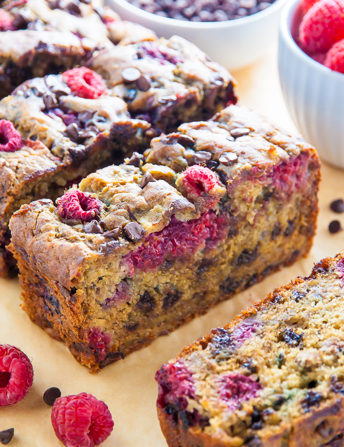 Supremely moist Banana Bread studded with fresh raspberries and chocolate chips. Bonus: It's healthy!