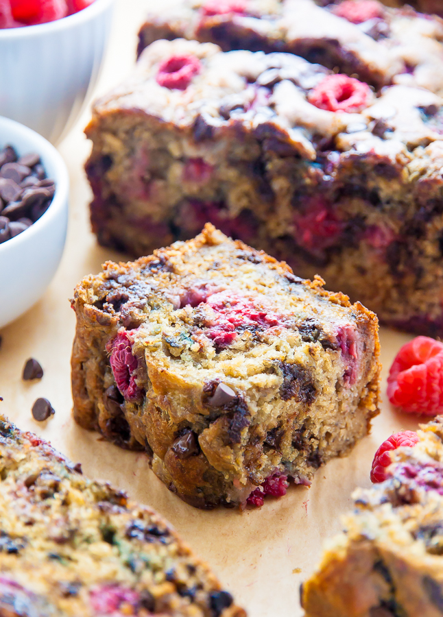 Supremely moist Banana Bread studded with fresh raspberries and chocolate chips. Bonus: It's healthy!