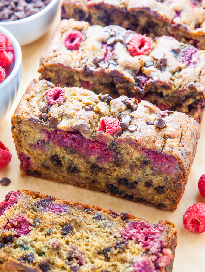 Supremely moist Banana Bread studded with fresh raspberries and chocolate chips. Bonus: It's healthy!