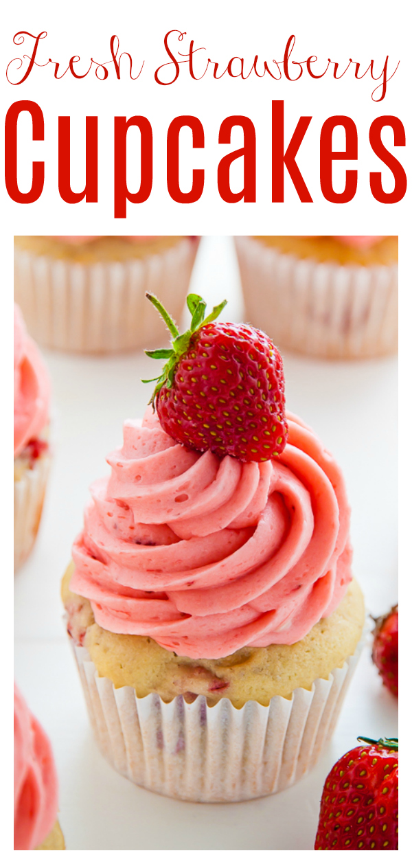 Fresh Strawberry Cupcakes topped with homemade Strawberry Buttercream! These fluffy vanilla cupcakes are bursting with juicy pockets of strawberry and the hot pink frosting is so pretty and delicious. These are the perfect Summer cupcakes!