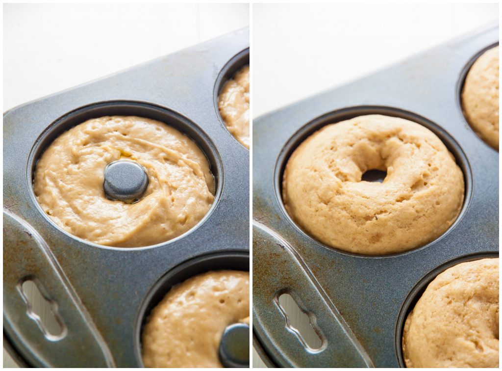 Cinnamon sugar donut batter piped into a donut pan. 