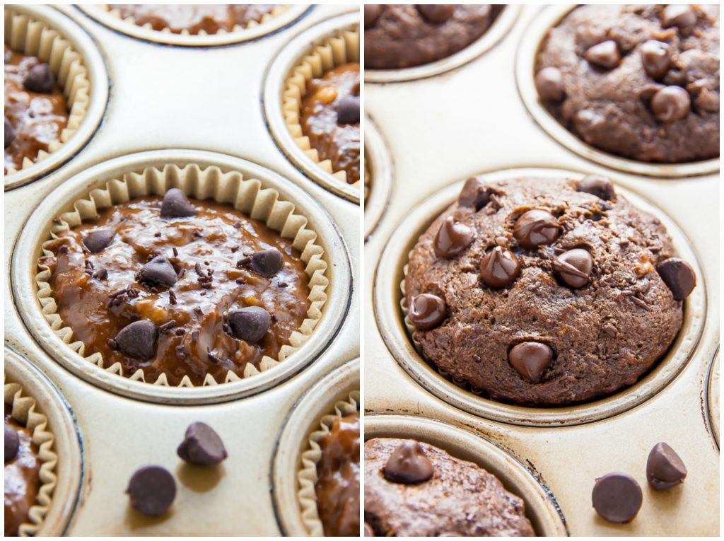 Healthy Double Chocolate Banana Muffins! Devilishly decadent and only 181 calories per serving.