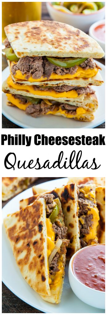 Philly Cheesesteak Quesadillas are loaded with meat, cheese, pepper, and onions! Serve with marinara sauce, ketchup, or sour cream.