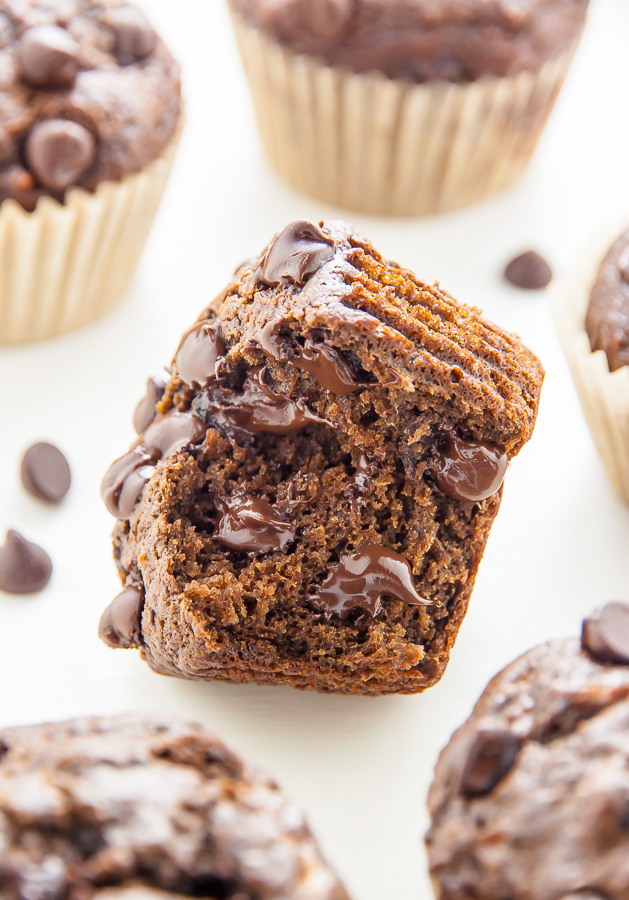 Healthy Double Chocolate Banana Muffins! Devilishly decadent and only 181 calories per serving.