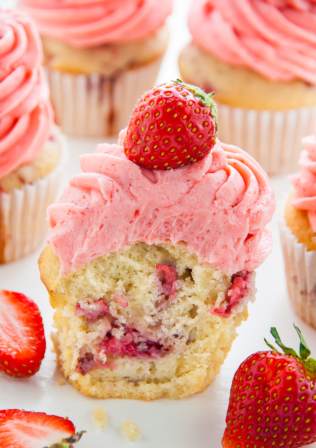 Soft and Fluffy Fresh Strawberry Cupcakes topped with homemade Strawberry Buttercream!