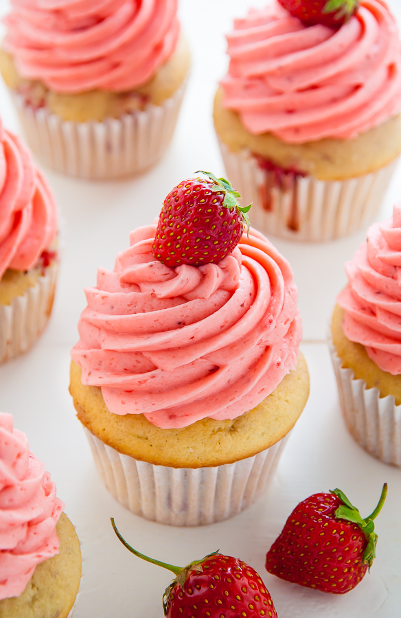 Soft and Fluffy Fresh Strawberry Cupcakes topped with homemade Strawberry Buttercream!