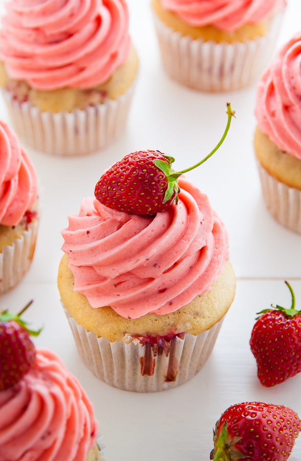 Soft and Fluffy Fresh Strawberry Cupcakes topped with homemade Strawberry Buttercream!